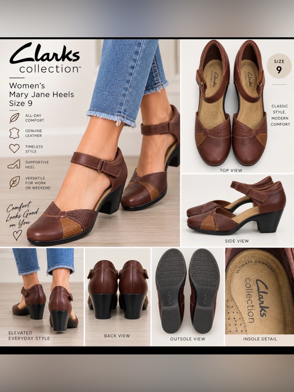 Clarks Collection Brown Leather Mary Jane Comfort Heels Shoes Women’s Size 9